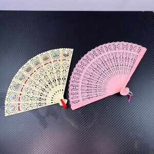 Vintage Pink & Ivory Souvenir Celluloid Plastic Lace Folding Hand Fans SET OF 2